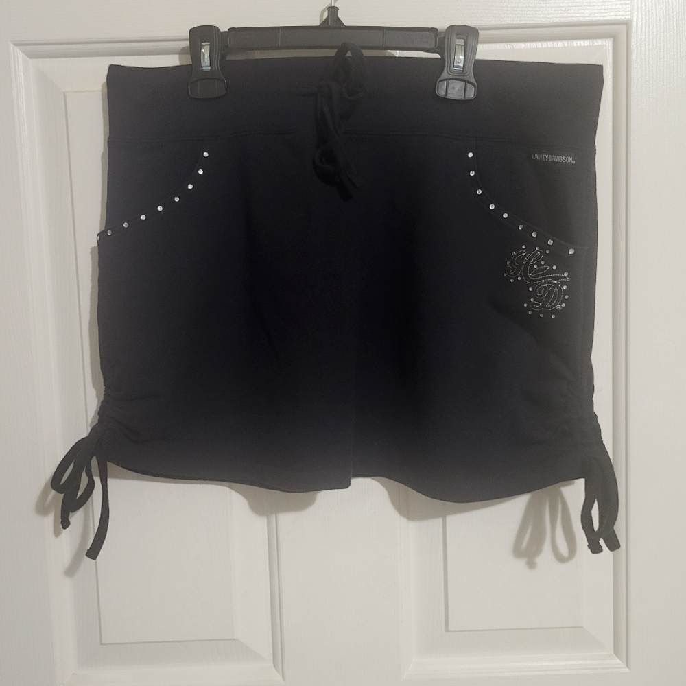 Harley Davisdon Black Knit Skirt with Drawstring and Rhinestone Details